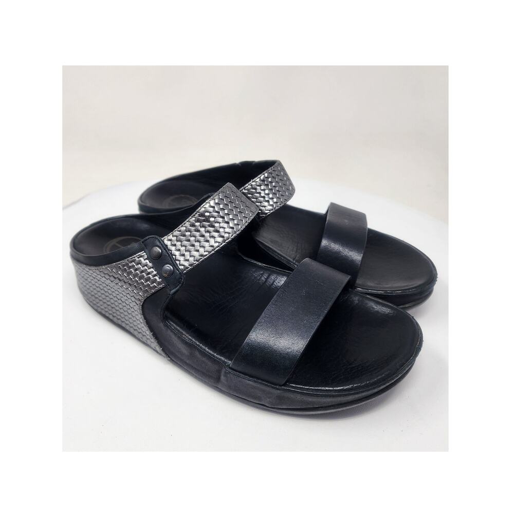 FitFlop Lulu Weave Slide Women 7 Black Leather & Pewter Rocker Bottom 400-001
